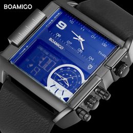 BOAMIGO marca hombres relojes deportivos 3 zona horaria hombre grande moda militar LED reloj de cuero relojes de pulsera de cuarzo relogio masculino CJ19252Q