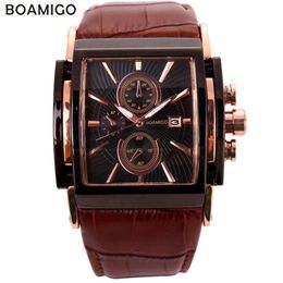 BOAMIGO hommes montres à quartz grand cadran mode montres de sport décontractées or rose sous-cadrans horloge en cuir marron montres-bracelets pour hommes 210282i