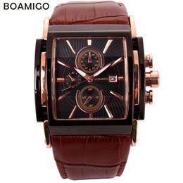 BOAMIGO hommes montres à quartz grand cadran mode montres de sport décontractées or rose sous cadrans horloge en cuir marron montres hommes 210251A