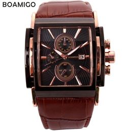 BOAMIGO hommes montres à quartz grand cadran mode montres de sport décontractées or rose sous-cadrans horloge en cuir marron montres-bracelets pour hommes 2103084