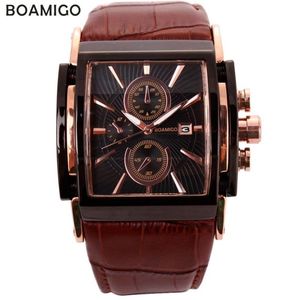 Boamigo Hombres Relojes de Cuarzo Esfera Grande Moda Relojes Deportivos Casuales Oro Rosa Sub Diales Reloj de Cuero Marrón Relojes de Pulsera Masculinos Y192954