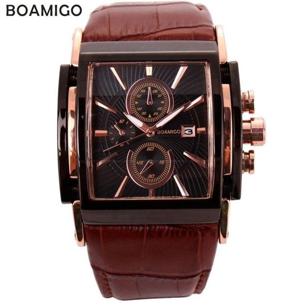 BOAMIGO hommes montres à quartz grand cadran mode montres de sport décontractées or rose sous-cadrans horloge en cuir marron montres-bracelets pour hommes 210335h