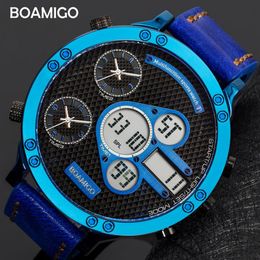 BOAMIGO MENS HOUDEN TOP MENSSCHAPPEN KWARTZ LED Digital 3 Clock Male Blue Watch Relogio Masculino247S