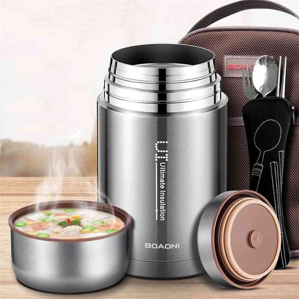 BOAONI 1000 ml Alimentaire Bocal Thermique Isotherme Sous Vide Soupe Thermos Conteneurs 18/8 Boîte À Lunch En Acier Inoxydable avec Cuillère Pliante 210913