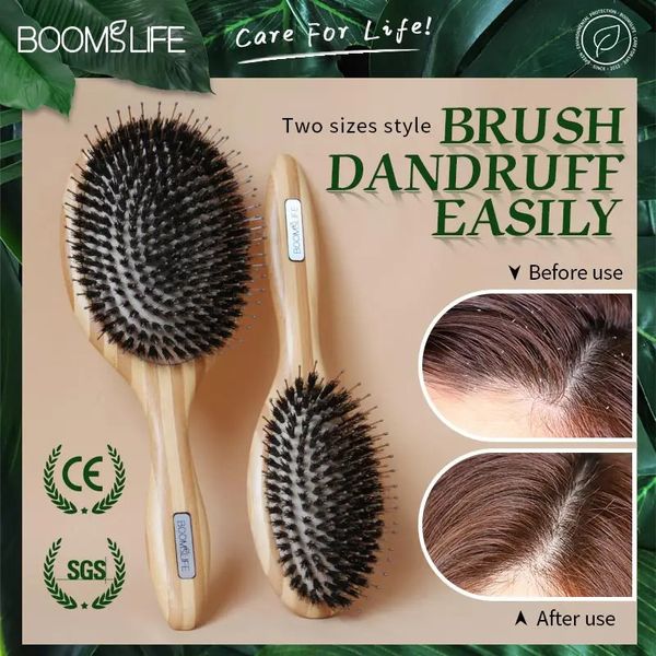 Brosse à poils de sanglier brosse à cheveux en bambou femmes tête cuir chevelu Massage brosse à cheveux peignes en bois pour cheveux beauté peigne de barbier 240229