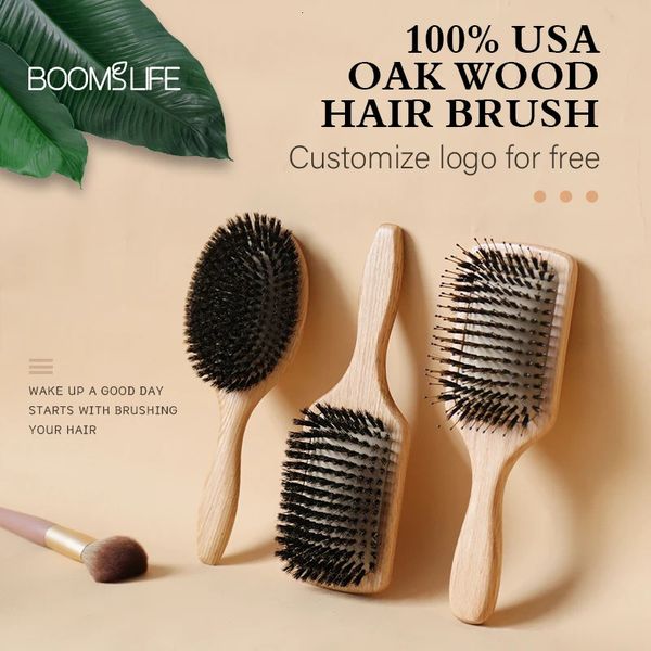 Brosse à cheveux en poils de sanglier brosse à cheveux en bois Peine peignes en bois de chêne pour les femmes barbier soins de beauté brosse de Massage du cuir chevelu à palette 240102