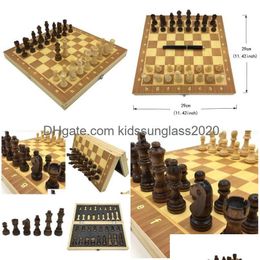 Jeux de société Jeu d'échecs en bois Échiquier pliant avec taille magnétique 29 cm X Cadeau pour enfants Jeu de tournoi Livraison directe Jouets Cadeaux Pu Dh5Ke