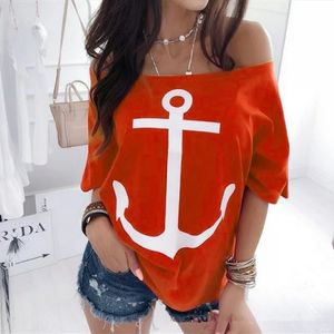 Bateau Ancre Imprimer Été T-shirt Sexy Hors Épaule Demi Manches Femmes Casual Lâche Tshirt Blanc Rouge Plus Taille S5XL T-shirts Tops 240315