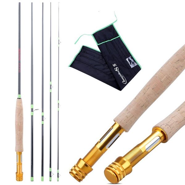 Cañas de pescar para barcos Sougayilang Fly Rod 5 secciones Fibra de carbono Ultraligero Medio Poste de acción rápida para Stream Leisure Pesca 230904