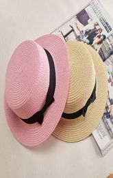 Boater Sun Caps Ribbon Round Flat Top Straw Beach Hat Panama Hat Zomerhoeden voor vrouwen Straw Hat Snapback Gorras8251191