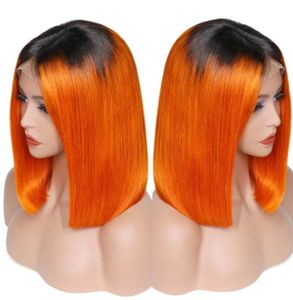 Bob 1BOrange Ombre menselijke 134 kantvoorpruiken Steil babyhaar Voorgeplukt Natuurlijke haarlijn Bleekmiddelknopen Onbewerkt Kort 180d7417340