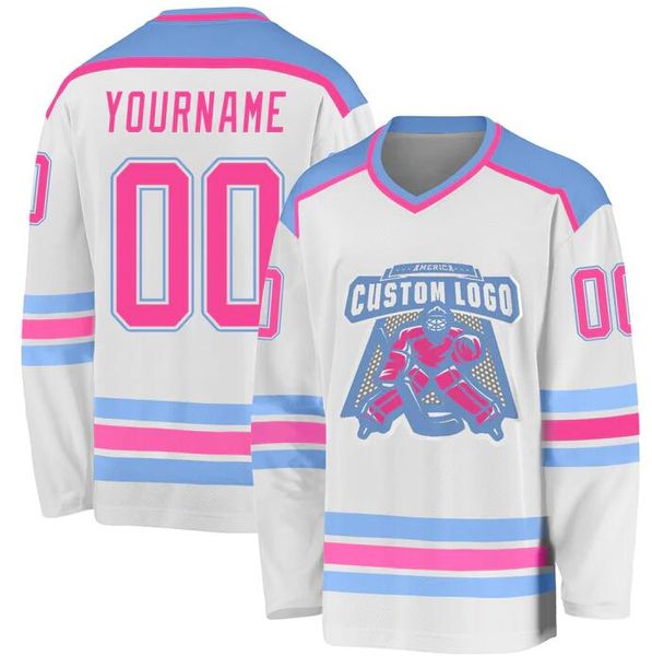 Jersey de hockey personalizado blanco rosa-azul claro