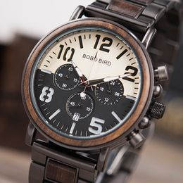 Bobo vogel chronograaf mannen kijken houten merk luxe metalen klok MONTRE Design Homme LJ201119