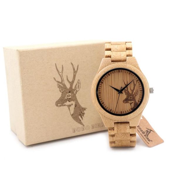 BOBO BIRD classique montre en bois de bambou tête de cerf d'élan montres décontractées bracelet en bambou montres à quartz pour hommes femmes 204r