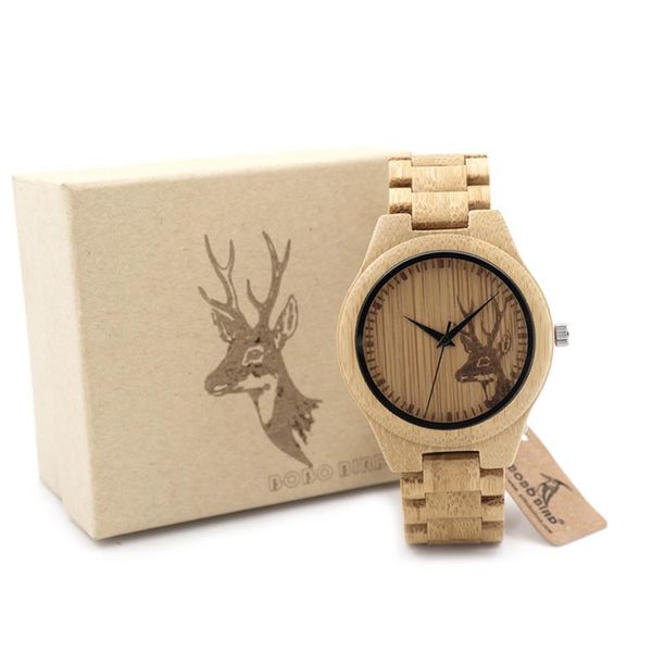 BOBO BIRD classique bambou montre en bois Elk tête de cerf montres décontractées bande de bambou montres à quartz pour hommes women262Y