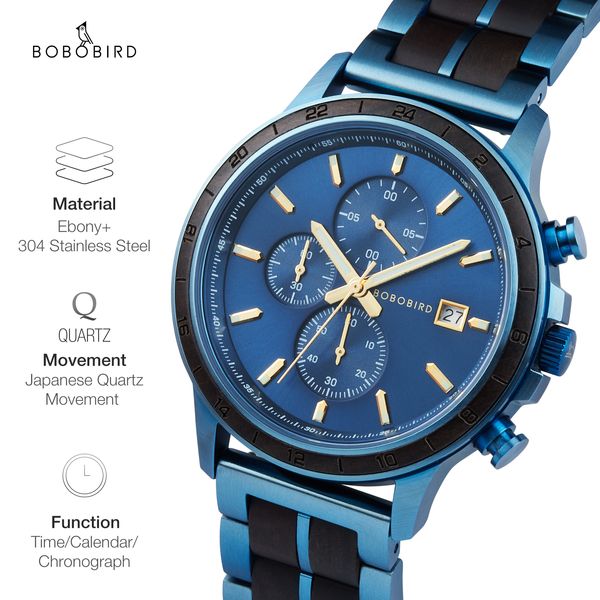 Bobo Bird Men's Wood Watch Classic Blue Military Chronograph New Top Quartz Wristwatch Japanese Movement Boîte-cadeau Custom Custom