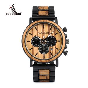 Bobo Bird P09 Relojes de madera y acero inoxidable Manos luminosas Cronómetro Relojes de pulsera de cuarzo para hombre en caja de madera Dropshipping Y19051403