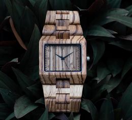 Bobo Bird Rectangle Zebra Mens Wooden Wrist Watch Top Quartz Watches avec bande en bois complète en cadeaux Box5423541