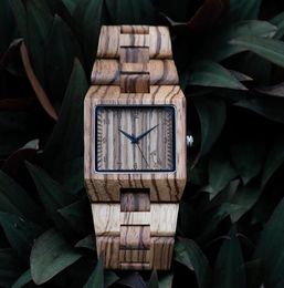 Bobo Bird Rectangle Zebra Mens Wooden Wrist Watch Top Quartz Watches avec bande en bois complète en cadeau cadeau8694988