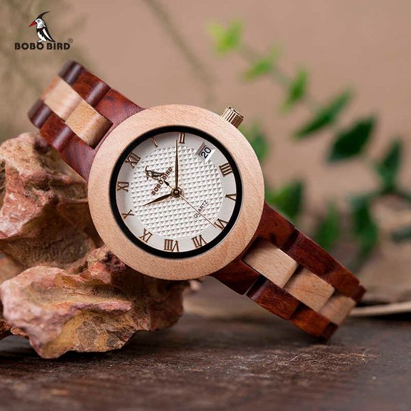BOBO BIRD montre en bois bicolore Top marque de luxe montres pour dames poignet à Quartz dans une boîte-cadeau en bois Drop OEM 210616