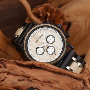 Bobo Bird Wood Watch Men luxe stijlvolle houten uurwerken chronograaf kwarts kijkt een geweldig cadeau voor hem doos Erkek Kol Saati OEM T200815