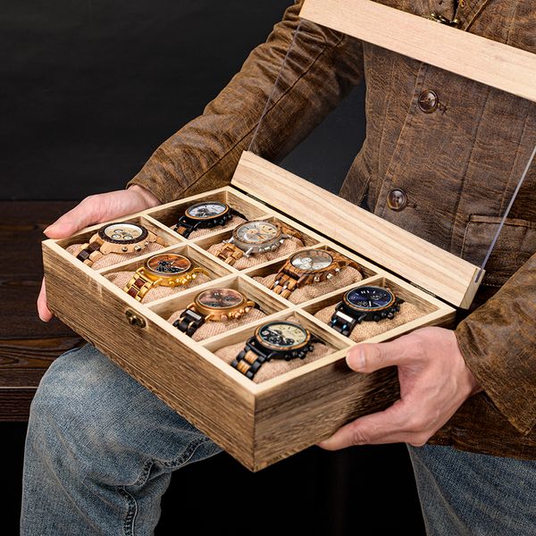 Caja de exhibición de reloj de pulsera de madera BOBO BIRD, caja de cuero PU personalizable, organizador de almacenamiento de joyas, 4, 6, 8, 10 ranuras, 220428