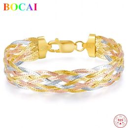 Bocai Real S925 Bracelet en argent sterling pour femmes trois couleurs huit fil tressé la chaîne de mains de mode féminine thaïlandaise 240315