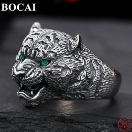 Bocai S925 STERLING Silver Charm anneaux Flame Tiger Head Crystal Pure Argentum Punk Dominering Bijoux pour Men240412