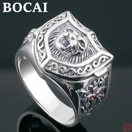Bocai S925 Anneaux en argent sterling pour femmes hommes Fashion Emboss Lion Head Cross Pattern Bijoux 240412