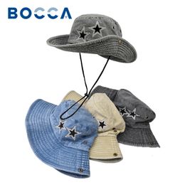 Bocca Y2K Bucket Hat Star Star Retro Retro Washed Panama Fisherman Hats Women Wide Brim Denim Vintage Summer Sun Outdoor Travel Tap 240426