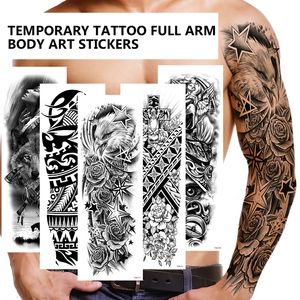 Body Art Full Fake Tatoo Tiger Wolf Flowers Rose Large Arm Tattoo Sticker Full Sleeve Waterproof Semi Permanent Tattoo Women Man