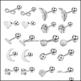 Body Arts 16G en acier inoxydable Lune Coeur Croix Rose Oreille Barbell Helix Tragus Cartilage Boucle d'oreille Ensemble Piercing Bijoux Pour Hommes Et Femmes Dh1N4