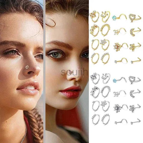 Arts du corps 16pcs 20g nez étalons anneaux de nez cerceau en acier inoxydable cz opale anneaux nez piercings nez bijoux bijoux divers style et couleur d240503