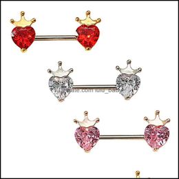 Body Arts Tattoos Art Health Beauty Chirurgical Steel Piercing Jewelry CZ Heart Nipple Ring With Crown For Women Drop Deliv Dhtqp
