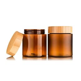 Bouteilles d'emballage de récipient de crème de beurre corporel Ambre PET Cosmétique 5Oz 8Oz Pot en plastique avec bouchon à vis Couvercle en bois de bambou 50ml 150ml 250ml Jaug