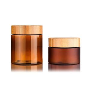 Bouteilles d'emballage de récipient de crème de beurre corporel 150ml 250ml Ambre PET Cosmétique 8Oz Pot en plastique avec couvercle à vis Bambou Couvercle en bois Dfqdx