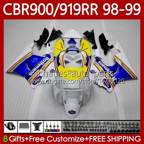 Carrocería azul Rothmans para HONDA CBR919 CBR 900 919 RR CC 98-99 Años Cuerpo 127No.9 CBR 919RR 900RR 919CC CBR900 RR CBR919RR 98 99 900CC CBR900RR 1998 1999 Kit de carenado