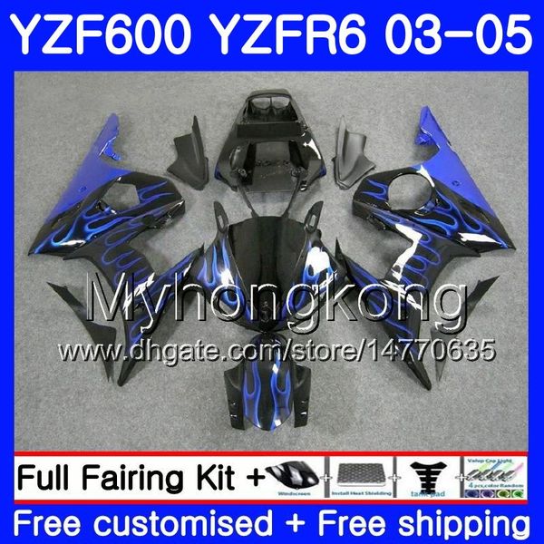 Corps Pour YAMAHA YZF-600 YZF-R6 03 YZF R6 Flammes bleues noires 2003 2004 2005 Carrosserie 228HM.43 YZF 600 R 6 YZF600 YZFR6 03 04 05 Kit de carénages