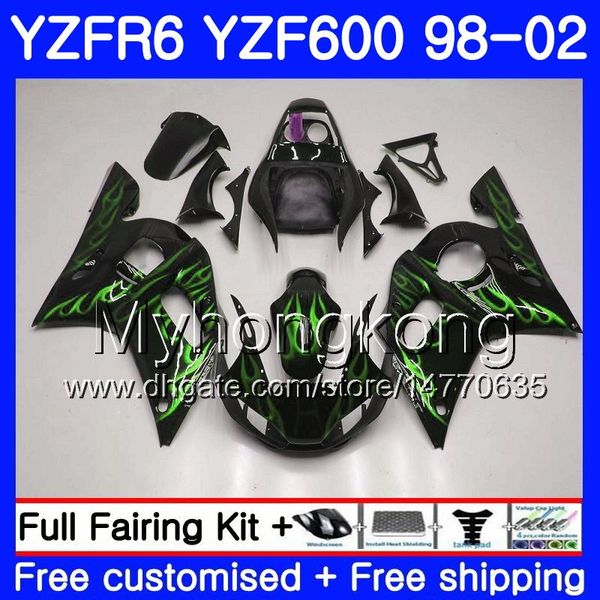 Corps pour YAMAHA YZF R6 98 YZF600 YZFR6 98 99 00 00 02 02 230HM.23 YZF 600 YZF-R600 YZF-R6 Flammes vertes chaudes 1998 1998 1999 2000 2001 2002 Coiffes