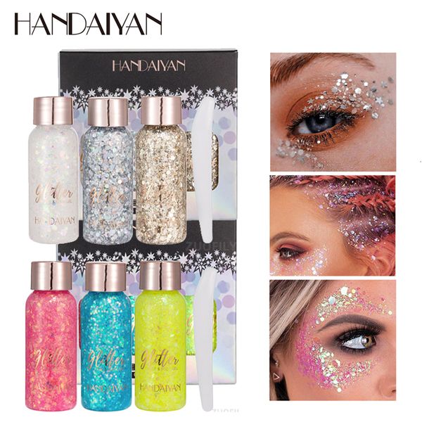 Body Glitter 3 Colorsset Crema de ojos multifuncional Nail Hair Face Gel Flash Lentejuelas sueltas Festival Deco 230808