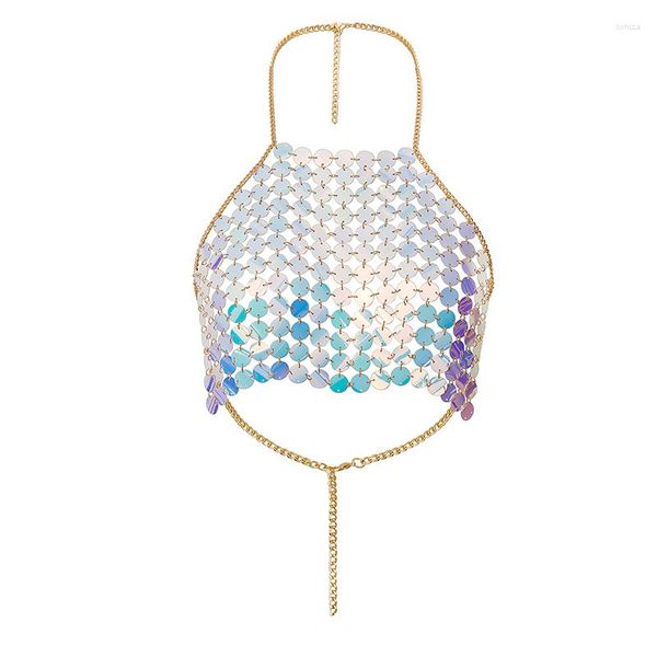 Joyería para el cuerpo 2023, cadena de pecho de moda para mujer, sujetador de playa de verano hecho a mano, accesorios de aluminio de lentejuelas brillantes para fiesta femenina Sexy