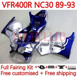 Kit de carrosserie pour Honda RVF400R VFR400 R N30 V4 VFR400R 89-93 133NO.11 RVF VFR 400 RVF400 R 400RR 89 90 91 92 93 VFR400RR VFR 400R 1989 1990 1991 1992 1992 Fairing Silver Silver Blue