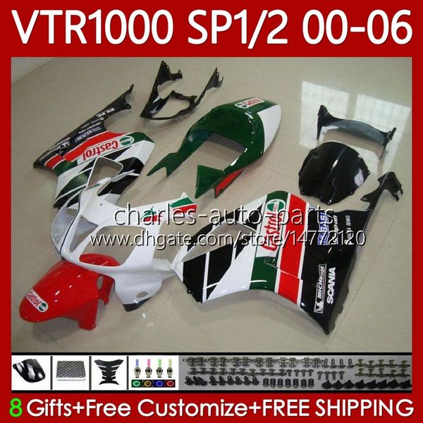 Kit de carrocería para HONDA VTR1000 RTV1000 RC51 00 01 02 03 04 05 06 Carrocería 123No.62 VTR 1000 SP1 SP2 Rojo blanco verde 2000 2001 2002 2003 2004 2005 2006 VTR-1000 2000-2006 Carenado