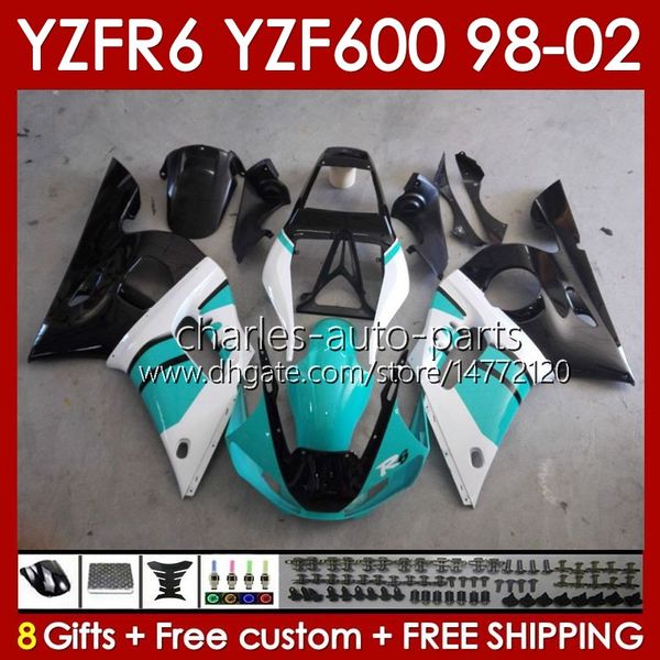 Kit de carrocería para YAMAHA YZF R6 R 6 98-02 YZFR6 98 99 00 01 02 Carrocería 145No.86 YZF 600 CC YZF-600 Marco YZF-R6 YZF600 600CC 1998 1999 2000 2001 2002 Carenados ABS cian blanco negro