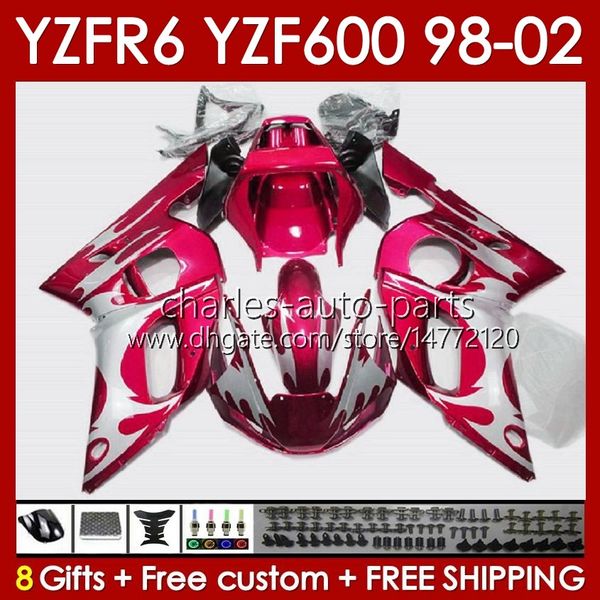 Kit de carrocería para YAMAHA YZF R6 R 6 98-02 YZFR6 98 99 00 01 02 Carrocería 145No.96 YZF 600 CC YZF-600 Marco YZF-R6 YZF600 600CC 1998 1999 2000 2001 2002 ABS Carenados llamas plateadas