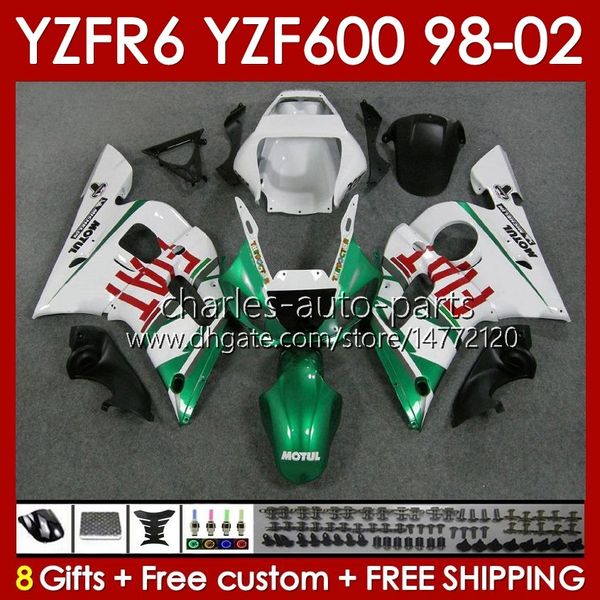 Kit de carrocería para YAMAHA YZF R6 R 6 98-02 YZFR6 98 99 00 01 02 Carrocería 145No.83 verde blanco YZF 600 CC YZF-600 Marco YZF-R6 YZF600 600CC 1998 1999 2000 2001 2002 Carenados ABS