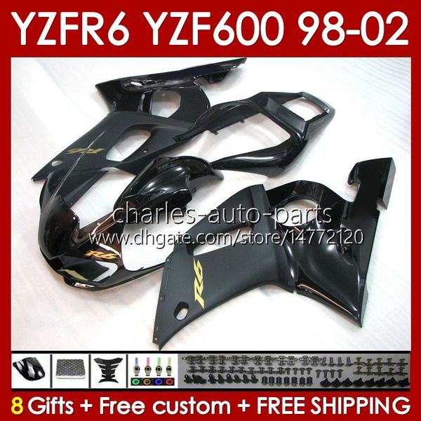 Kit de carrocería para YAMAHA YZF R6 R 6 98-02 YZFR6 98 99 00 01 02 Carrocería 145No.90 YZF 600 CC YZF-600 Cuadro YZF-R6 YZF600 600CC 1998 1999 2000 2001 2002 ABS Carenados black stock blk