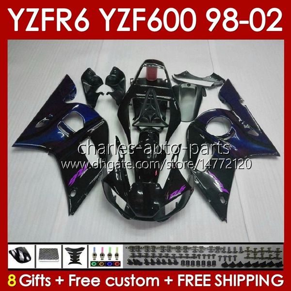 Kit de carrocería para YAMAHA YZF R6 R 6 98-02 YZFR6 98 99 00 01 02 Carrocería 145No.98 YZF 600 CC YZF-600 Marco YZF-R6 YZF600 600CC 1998 1999 2000 2001 2002 Carenados ABS llamas azules negro