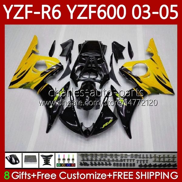 Kit de carrosserie pour Yamaha YZF-R6 YZF600 YZF R6 600CC 2003-2005 Cowling 95No.204 YZF R 6 YZFR6 03 04 05 Carrosserie YZF-600 600 CC Flammes jaunes 2003 2004 2005 Carénage de moto