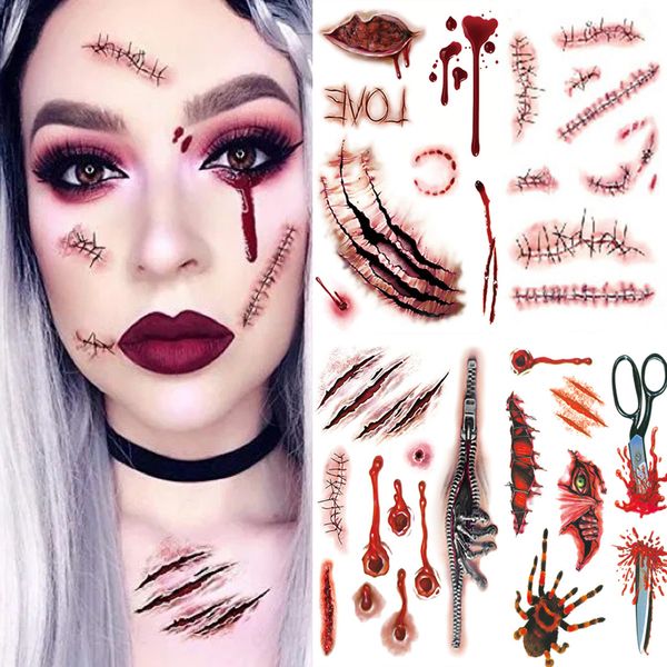 Corps maquillage Halloween autocollants de tatouage bricolage fête terreur réaliste cousu blessures blessures Non toxique durable autocollants temporaires
